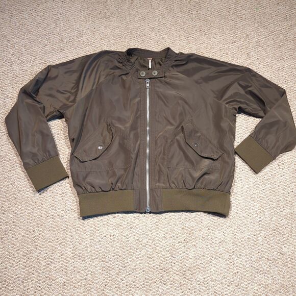 Free People Midnight Bomber Jacket Womens Large Green Full Zip Satin - Picture 1 of 9